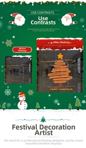 Detail of hand-drawn orange-gold Christmas tree window sticker with Merry Christmas text