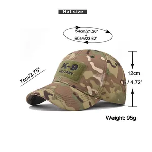 Detailed size chart for camo baseball cap showing 54-60cm head circumference and 7cm brim