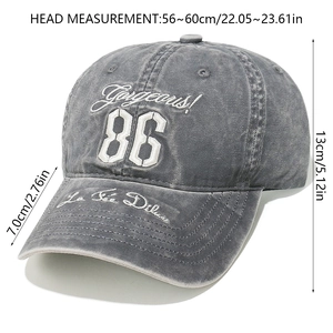 Detailed view of washed cotton baseball cap with 86 embroidery and size measurements