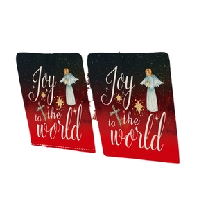 Christmas chair covers with Joy to the World print and festive cartoon angel pattern