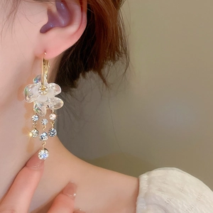 Eleganti orecchini a fiore con petali iridescenti e lunghe frange di strass