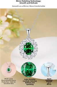Macro shot of oval green zircon pendant with high polish finish and detailed emerald cut sparkle
