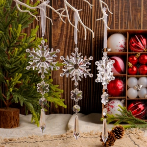 Set of 3 clear acrylic snowflake ornaments with crystal drops for Christmas tree decor