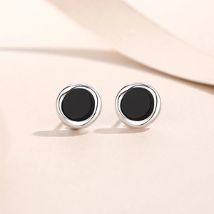 Minimalist S925 sterling silver black onyx round stud earrings for women with polished finish