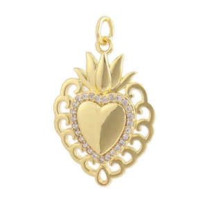 Macro shot of 18K gold plated heart crown pendant with clear cubic zirconia stones