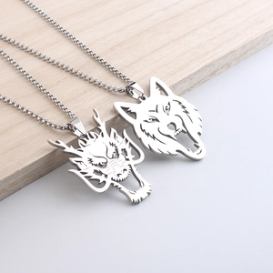 Men's stainless steel necklace with dragon and wolf head pendants in hip-hop style