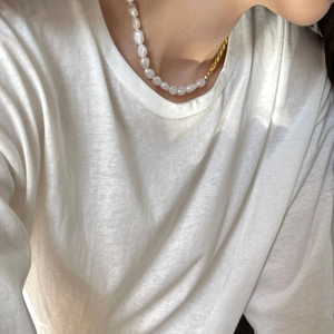 Freshwater Artificial Baroque Pearl Asymmetrical Necklace 925 Sterling Silver 18K Gold Plated Twist Rope Chain French Retro Jewelry
