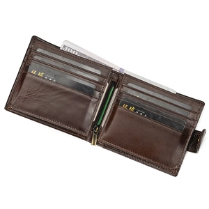 Detail of genuine leather trifold wallet with multiple card slots and brass zipper pocket