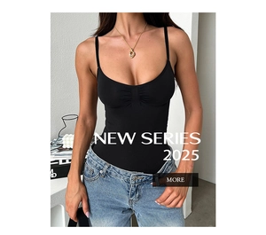 Close-up of black spaghetti strap bodysuit with ruched chest detail and U-neckline