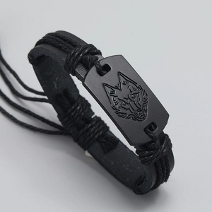 Men's punk black leather multi-layer braided bracelet with metallic wolf head totem