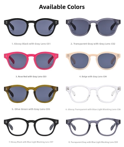 Grid layout showing eight colors of vintage round sunglasses with silver rivet details