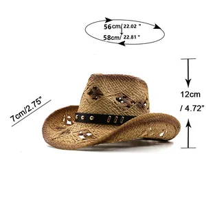 Detailed size chart showing dimensions for the woven straw western cowboy hat