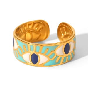 Adjustable golden stainless steel open ring with colorful Evil Eye enamel design
