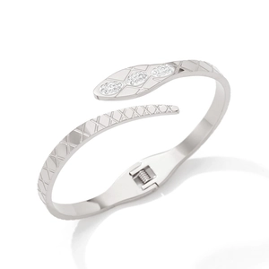 Exotic silver snake wrap bracelet with diamond-encrusted head and textured scale band