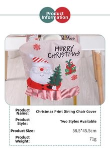 Detail view of burlap Christmas chair cover with Santa print and 58.5x45.5cm size info
