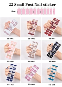 Size chart and nine different style designs of full cover nail art stickers with dimensions