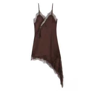 Detail of dark brown satin slip dress with lace trim and asymmetrical hem design