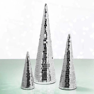 Trio of silver mirror glass mosaic disco ball cones for festive table decorations