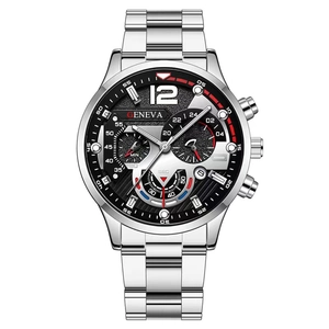 Close-up of Geneva men's steel watch featuring black textured dial and red accents
