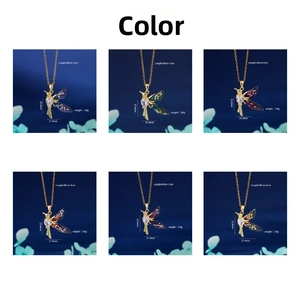 Close-up of hummingbird pendant necklace in six color options with heart zircon stones