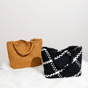 Retro hand-woven tote bag in solid caramel and black-white checkered patterns for women