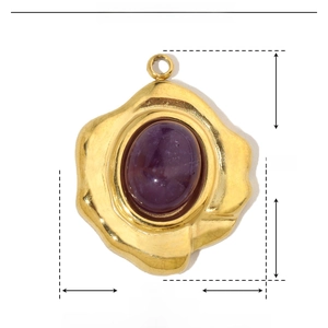 Detailed dimensions of the purple natural stone pendant in a gold stainless steel frame
