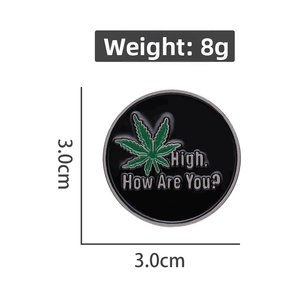 Detail view of round enamel pin showing 3.0cm diameter size and 8g weight measurements