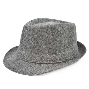 Classic gray linen-textured Panama fedora hat with woven finish and matching band