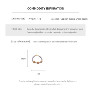 Detail view of pearl and purple zircon bracelet with size and material specifications