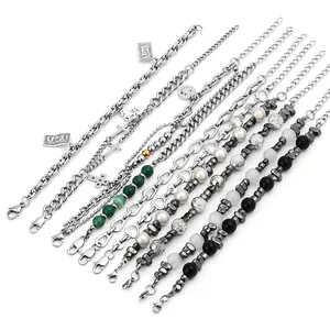 Trendy Stainless Steel Beaded Bracelet For Women Men Hip Hop Punk Style With Hematite Agate Faux Artificial Pearl Charms Adjustable