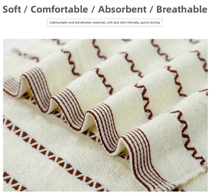 Close-up of thick absorbent cotton towel with brown wave pattern and soft looped texture