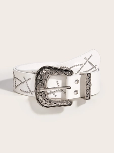 Detailed view of white leather punk belt with silver studs and engraved metal buckle
