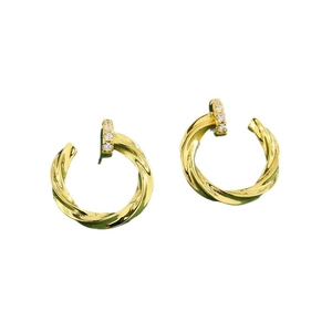 Elegant gold spiral twist stud earrings with sparkling cubic zirconia on a white background