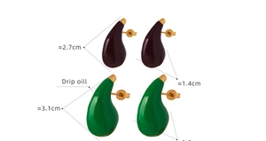 Detail view of drip oil teardrop earrings in purple and green with size measurements
