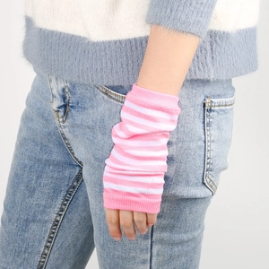Detail of pink and white striped knit arm warmer with soft elastic ribbed texture