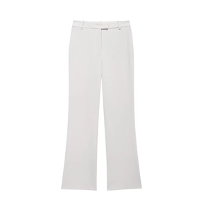 Detail of high-waist beige office trousers featuring clean belt loops and smooth fabric