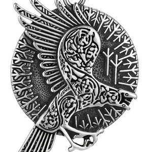 Vintage Viking raven totem stainless steel pendant with detailed embossed runic carvings