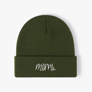 Unisex dark green knitted beanie with white mimi script embroidery on the folded brim