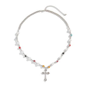 Men's silver chain necklace with cross pendant, white pearls and colorful accent beads
