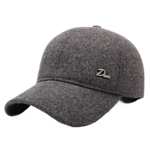 Deep grey wool baseball cap for men with warm ear flaps and premium metal letter detail