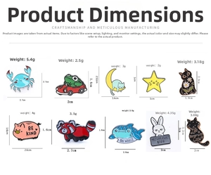Detailed size and weight chart for cute cartoon animal enamel pins and badges