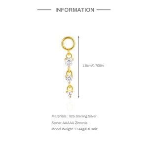 Detail of 925 sterling silver earrings with three gradient sparkling AAA zircon stones
