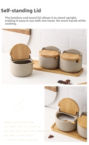 Detail of Japanese ceramic seasoning jars with standing bamboo lids and wooden spoons