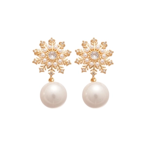 Elegant snowflake pearl earrings with gold metal frame and sparkling zircon stones