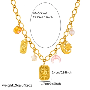 Gold stainless steel square sun moon pendant necklace with dimension markings