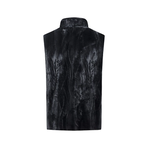 Men's black faux fur vest with stand collar seen from the back in a clean profile