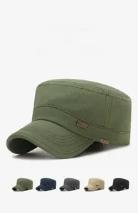 Detail view of cotton flat top military caps in green, navy, grey, khaki and black