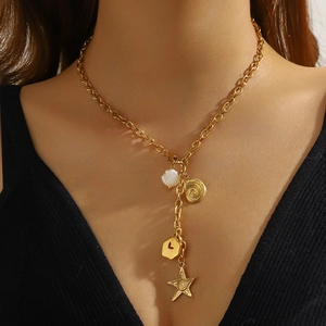 Golden stainless steel chain necklace with shell, starfish and heart charm pendants