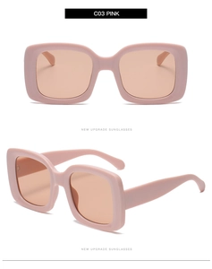 Detailed front and side views of oversized pink rectangular sunglasses in premium plastic