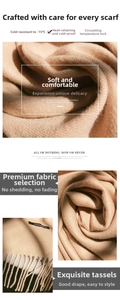 Détails de la texture de l'écharpe en cachemire camel avec franges et isolation thermique